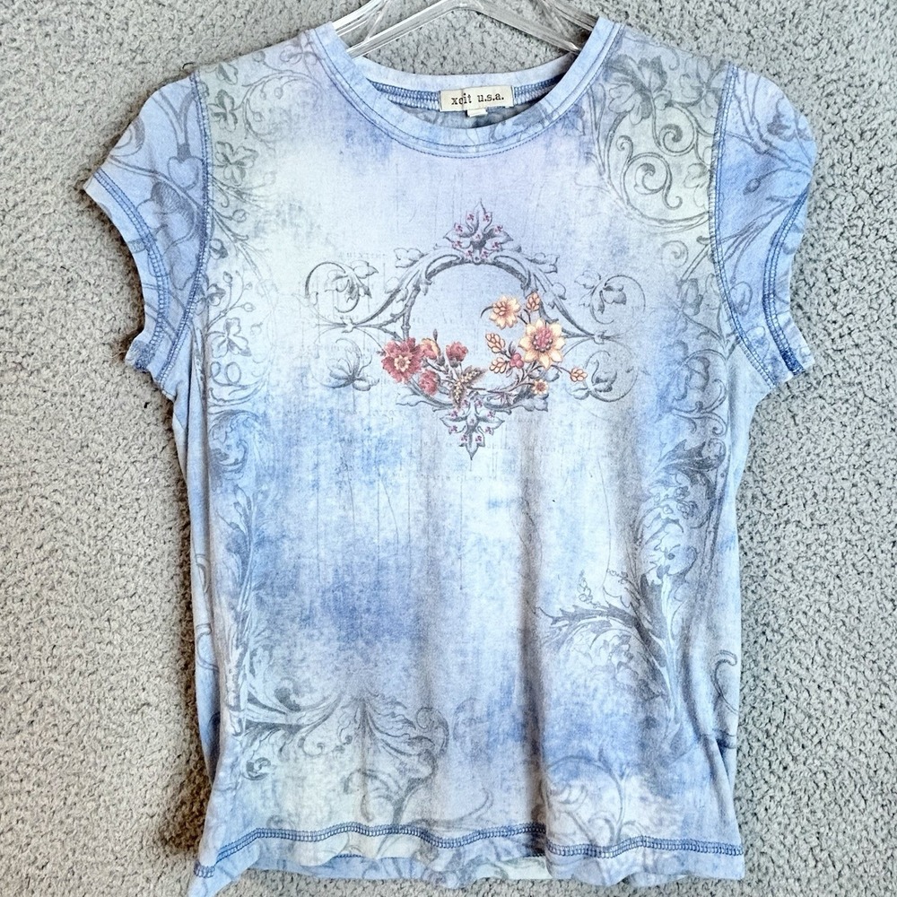 Y2K Short Sleeve Goth Floral XCIT USA T-Shirt Size M Baby Doll Top Grunge Punk